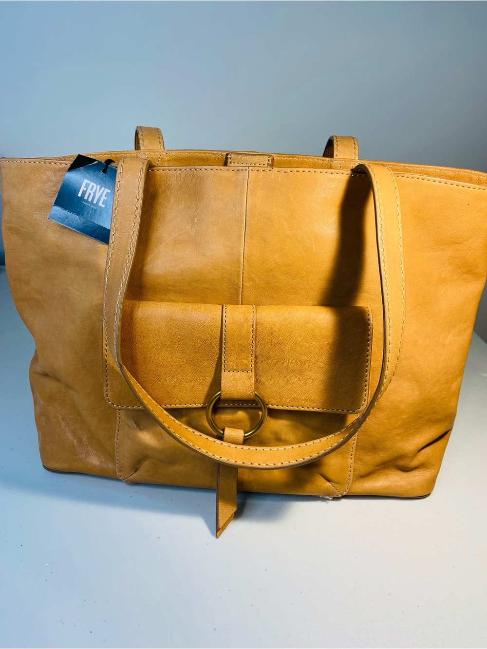 Frye Golden Tan Leather Tote with Front Pocket & Ring Accent